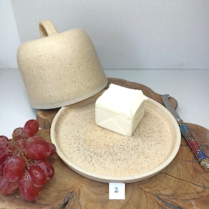 Ceramic Beige Speckled Butter Dish, Cheese Serving Dish, Bell Shaped Cover, Fruit Serving Dish, For your Dining Table