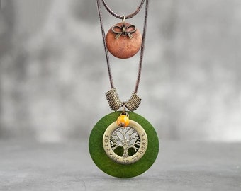 Vintage Wood Necklace  Boho Women Necklaces  2 in 1 Set Big Pendant and Long Chain Adjustable Rope  Fall Leaf on Wooden Base Autumn Seeds