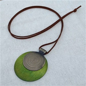 Big Pendant, Wood and Brass Plated Necklace. Wooden Necklace for Women and Girls. Leather Rope Necklace.