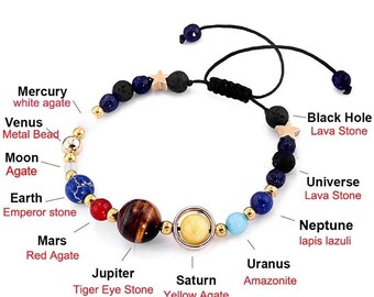 Pulsera del Sistema Solar Galaxy para Mujeres y Hombres. Las cuentas de los 8 planetas. Joyería de piedra natural. Pulsera de cuentas. Moda y se ve muy bien.