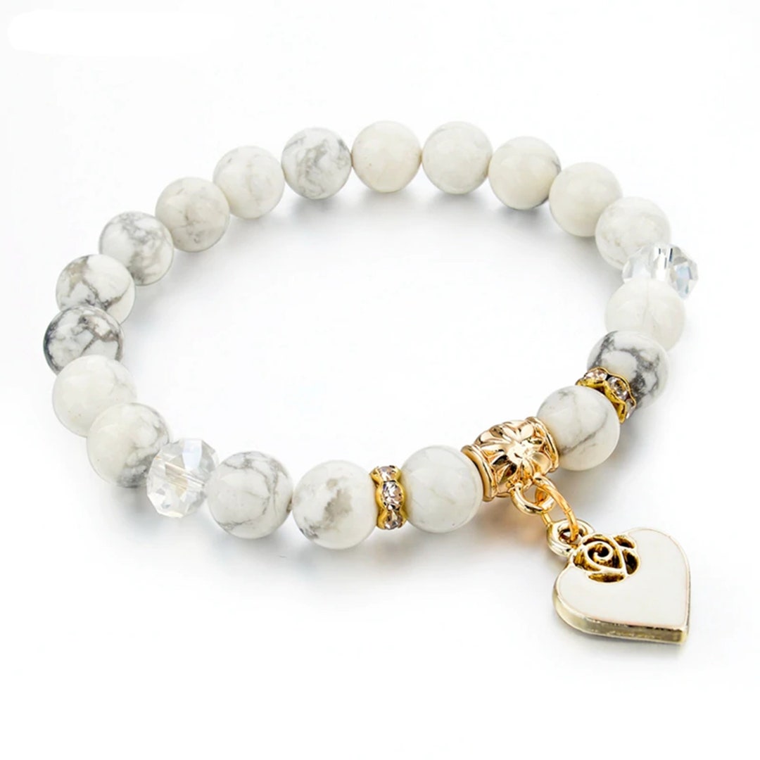White Bracelet for Women. Natural Stone With Heart Charm. Women Jewelry ...