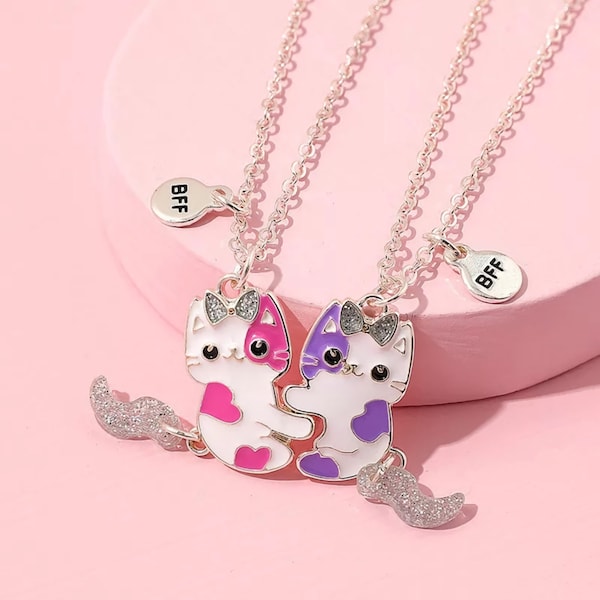 Best Friend Necklace for 2 Cute Cat Necklace Set Magnetic Friendship Necklace Korean Creatures Necklace BFF Cartoon Cats.