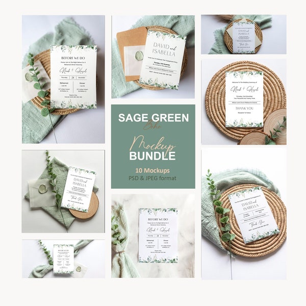 Wedding Invitations Bundle, 5x7 Greeting Card, Sage Green Boho Minimalist Card Mock-up Bundle of 10 Smart Object Mock-ups Wedding Stationary