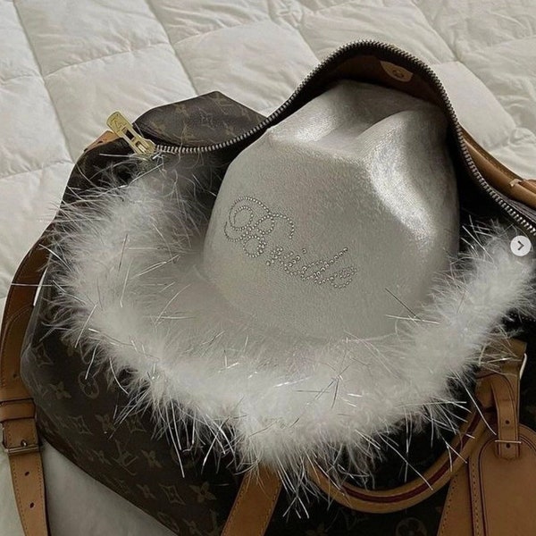 Bride Cowgirl Hat, Bachelorette Party | White Velvet Fur Veil, Last Rodeo, Yeehaw Bitches, Bride Gift, Bride Cow Girl Hat + Bridal Shower