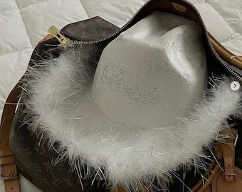 Bride Cowgirl Hat, Bachelorette Party | White Velvet Fur Veil, Last Rodeo, Yeehaw Bitches, Bride Gift, Bride Cow Girl Hat + Bridal Shower