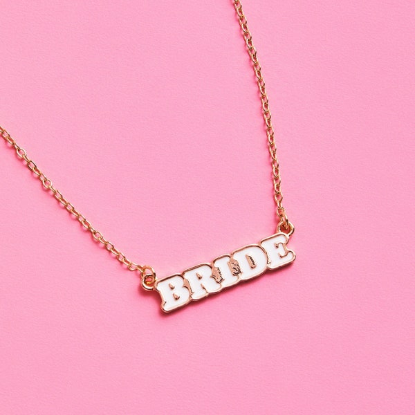 Bride Enamel White + Gold Necklace, Bride to be Jewelry, Bachelorette Party Gift, Wedding Favor, Bridal Shower, Engagement, Bridesmaid