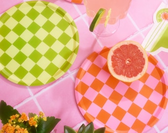 xo, Fetti 24 Pink + Green Checkered Paper Plates - 9" | Bachelorette Fiesta Decorations, Birthday Party, Retro Supplies, Cinco de Mayo