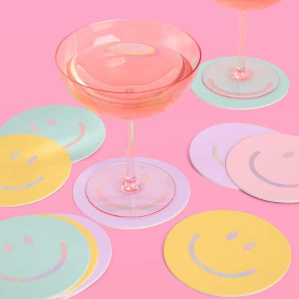 xo, Fetti Smile Pastel Party Drink Coasters - 16 pcs - Iridescent Foil | Happy Pastel Bday Decor, Bach Party, Cocktail Disposable Coaster