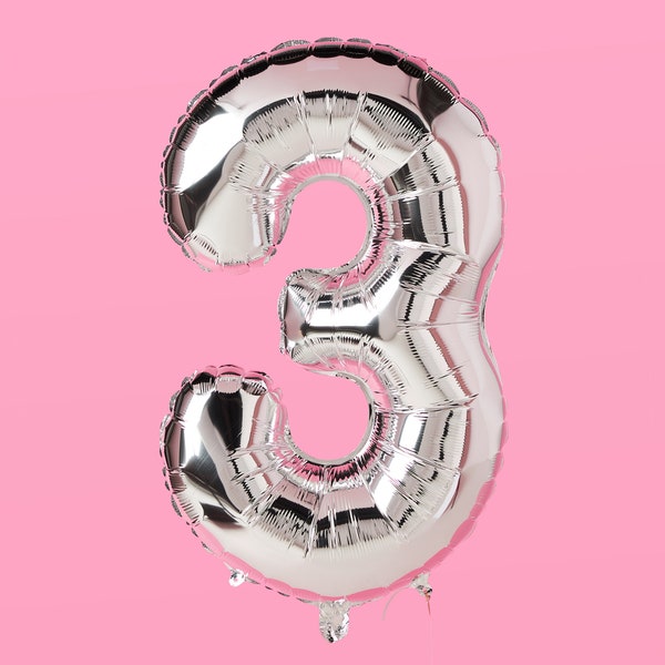 Number 3 40 Inch Jumbo Silver Foil Birthday Balloon | Three Bday Party Decorations, 3rd, 13th, 30th, 33, 43, 53, 63 Anniversary, Graduation