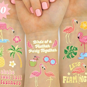 xo, Fetti Luau Temporary Tattoos - 50 pcs. | Flamingo Birthday Decoration, Kids Tropical Party Gift, Pink Summer Pool Accessory, Beach Decor