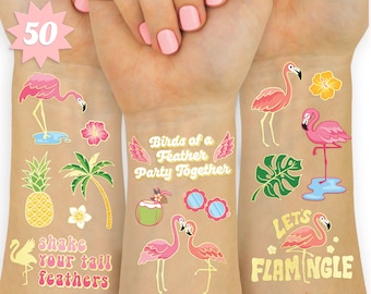 Flamingo Temporary Tattoos for Kids - 50 Styles | Final Flamingle Bachelorette, Summer Birthday Party Supplies, Pool Party Favors, Palm Tree