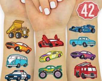 Cars and Trucks Temporary Tattoos for Kids - 42 Glitter styles | Birthday Party Supplies, Race Car Party Favors + Construction Decor