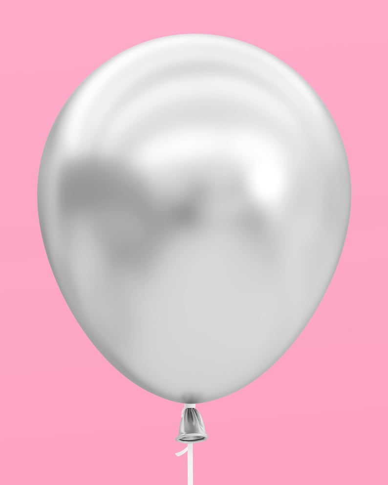 May include: A silver balloon with a white string attached to the bottom.