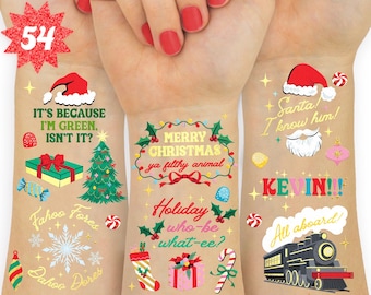 May include: Temporary Christmas-themed tattoos with festive designs and text. Designs include a Santa hat, Christmas tree, gift boxes, candy canes, and the phrases "Merry Christmas ya filthy animal" and "Santa! I know him!"