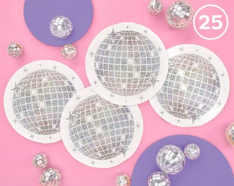 xo, Fetti Disco Ball Napkins - 3-ply, 25 pcs Shimmer Iridescent | Last Disco Bachelorette Decor, Groovy Retro Birthday Party Supplies, NYE
