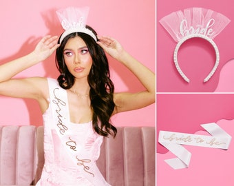 xo, Fetti Bachelorette Party Sash + Bride Headband - White + Rose Gold | Bachelorette Party Decorations Kit - Sash for Bride | Bridal Shower