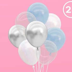May include: A bunch of 25 balloons in silver, white, and light blue colors. The balloons are tied together and ready to be used for a party or celebration.