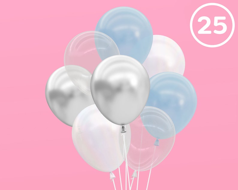 May include: A bunch of 25 balloons in silver, white, and light blue colors. The balloons are tied together and ready to be used for a party or celebration.