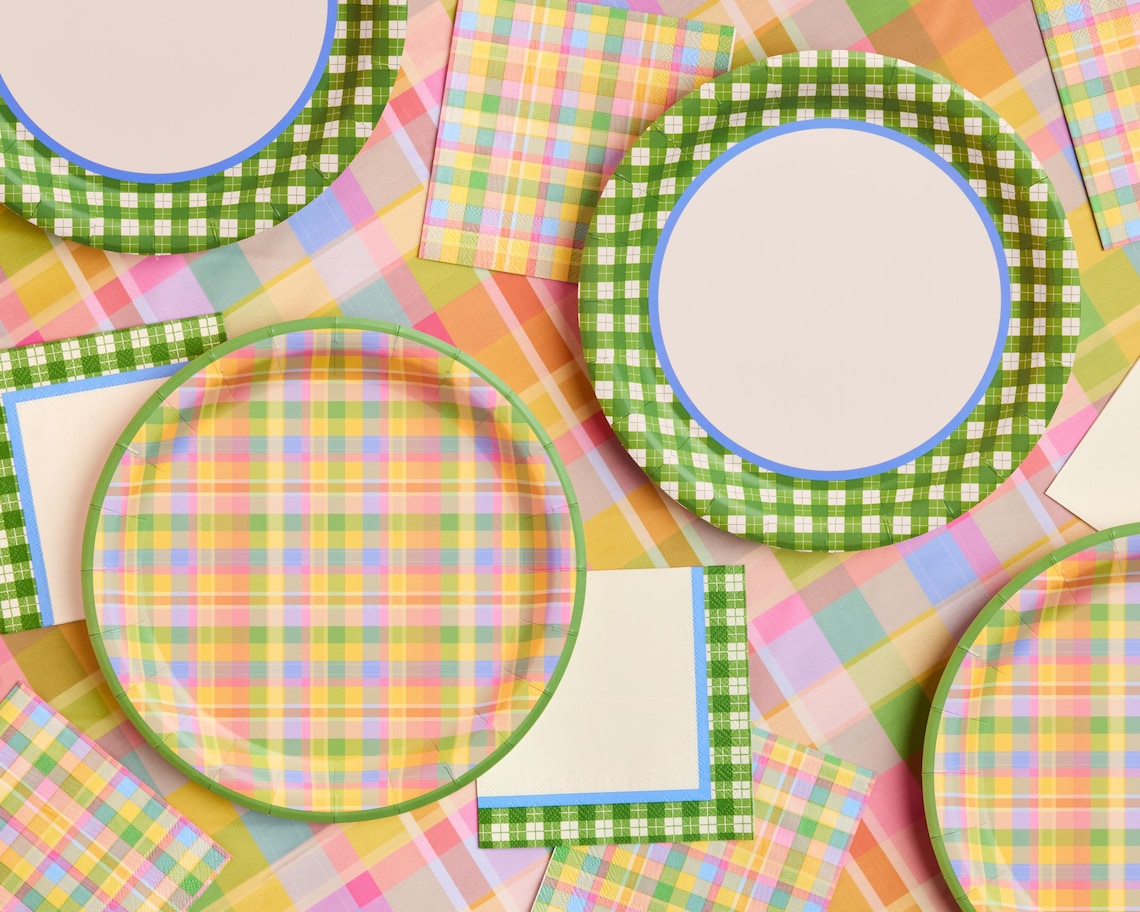 xo Fetti Summer Camp Plates  24 Paper Plates  Plaid Gingham Green Outdoor Party Birthday Picnic Camp Theme Retro Summer Decor