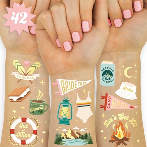 xo, tatouages temporaires Fetti Camp pour célibataires - 42 styles dorés | Décoration de fête Glamping Bach, cadeau de demoiselle d'honneur, accessoires de douche