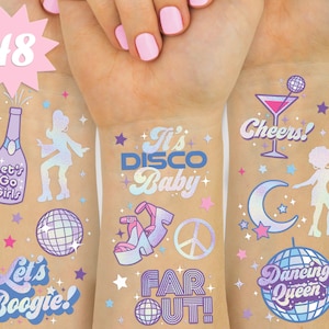 xo, Fetti Disco Birthday Party Temporary Tattoos - 48 Iridescent Foil Pcs | Birthday Girl Party Decorations, Dancing Queen, 70s Groovy Party