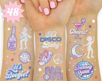 xo, Fetti Disco Birthday Party Temporary Tattoos - 48 Iridescent Foil Pcs | Birthday Girl Party Decorations, Dancing Queen, 70s Groovy Party