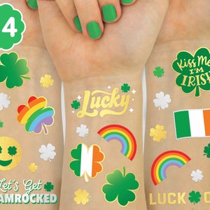 May include: A set of 54 temporary tattoos featuring a variety of St. Patrick's Day themed designs, including shamrocks, rainbows, and the phrase "Kiss Me I'm Irish".