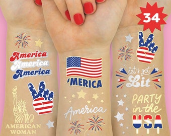 Fourth of July Party Supplies Temporary Tattoos - 34 Glitter Styles | American Flag, 4th of July