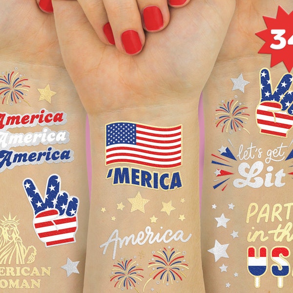 Fourth of July Party Supplies Temporary Tattoos - 34 Glitter Styles | American Flag, 4th of July