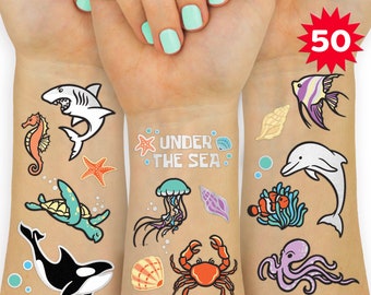 Underwater Sea Creature Temporary Tattoos - 50 Glitter Styles | Ocean Animal Birthday Party Supplies, Shark, Dolphin, Crab, Fish, Crafts