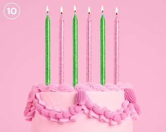 xo, Fetti Pink + Green Glitter Cake Candles, Tall Thin - 10 Pcs | Birthday Party Supplies, Bachelorette Cake Decor, Sparkle Dessert Topper