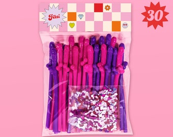 xo, pailles pour pénis Fetti + confettis pour pénis - 30 pcs EVJF | Décorations d'enterrement de vie de jeune fille | Décoration coquine, cadeaux Bach