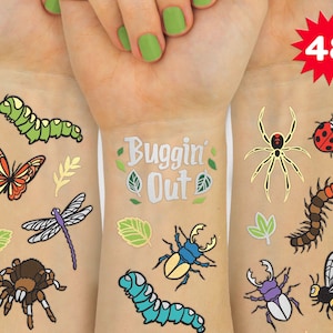 May include: A set of 48 temporary tattoos featuring various insects, including a butterfly, dragonfly, spider, caterpillar, beetle, and centipede. The tattoos are printed on a clear sheet and are easy to apply. The tattoos are perfect for adding a touch of fun to any outfit.