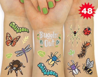 Bug Temporary Tattoos - 48 Glitter Styles | Buggin' Out Insect Birthday Party Supplies, Bees, Spiders, Beetles, Butterflies, Arts and Crafts
