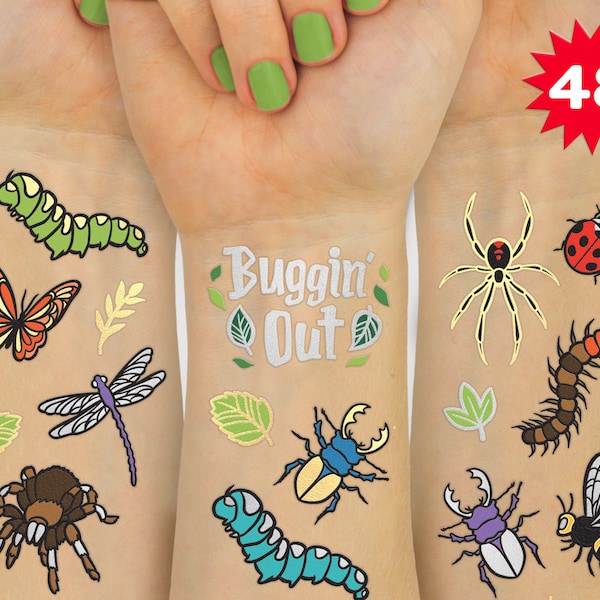 Bug Temporary Tattoos - 48 Glitter Styles | Buggin' Out Insect Birthday Party Supplies, Bees, Spiders, Beetles, Butterflies, Arts and Crafts