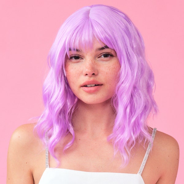 Pastel Purple Wig, Bachelorette Party Decorations, Wiggin Out, Birthday Party, Purple Wig Hair, Short Wig, Curtain Bang, Soft Wave