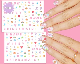 Bachelorette Party Nail Stickers - 980 Decals | Bride Party Decorations, Babe, Diamond Ring, Bridesmaid Favors, Wifey Gift