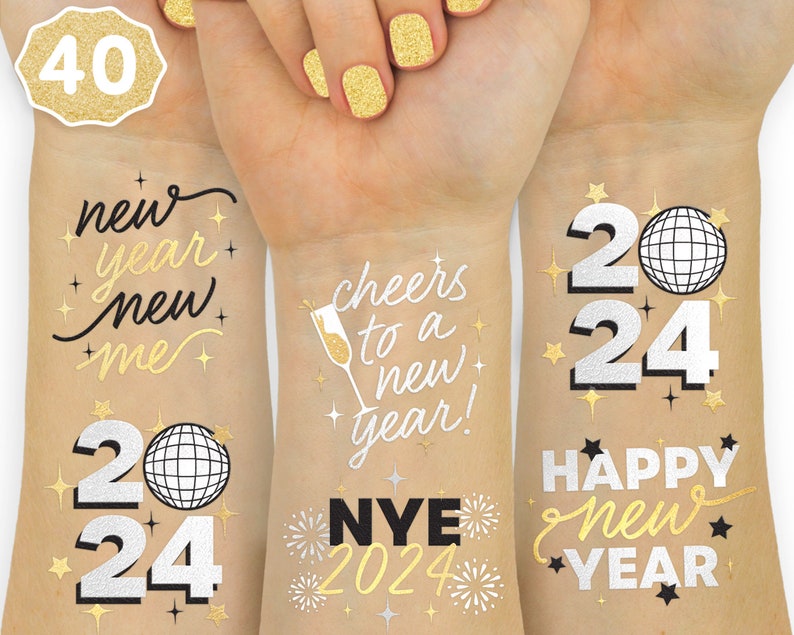 xo, Fetti New Years Eve Party Supplies Tattoos 40 Foil Styles NYE Party Favors, Happy New Year Decorations, NYE 2024 Decor image 1