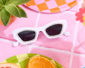 xo, Fetti White Rhinestone Cat Eye Sunglasses | Bachelorette Party Sunnies, Birthday Girl Decorations, Bridal Accessory Gift, Y2k Supplies