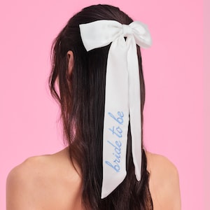 xo, Fetti Blue Bride to Be Embroidered White Hair Bow | Bachelorette Party Hairpiece, Bridal Shower Accessory, Bridesmaid Gift