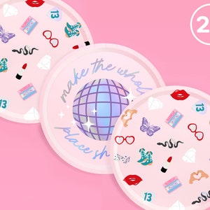 May include: Three pink paper plates with a disco ball design. The plates have a white border and feature a variety of pink, red, blue, and green illustrations including butterflies, hearts, lips, and cassette tapes. The text "make the whole place shine" is written on the plate in the center. The number "24" is written in a circle on the top right corner of the image.