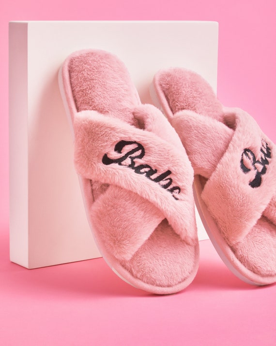 Pink Real Mink Fur Slippers Slides Fur Sandals Personalized Initial Gift  for her