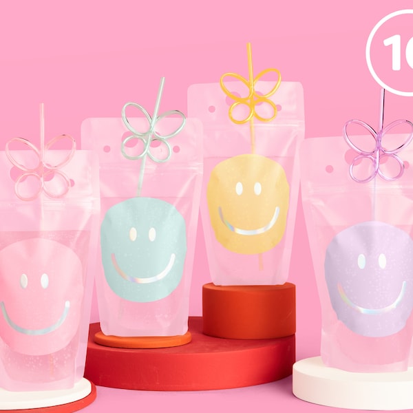 xo, Fetti Smiley Drink Pouches + Butterfly Straws - 16 count | Bday Cups, Happy Pastel Birthday Party Decorations, Cute Bachelorette Party