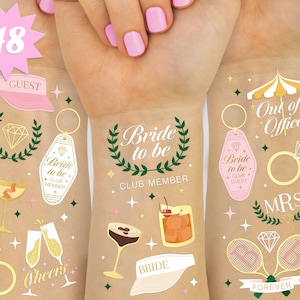 May include: A set of 48 temporary tattoos for a bridal party. The tattoos feature a variety of designs, including a ring, a champagne glass, a cocktail glass, a tennis racket, a key chain with a motel key, a diamond, a palm tree, and the words "Bride to be", "Club Member", "Guest", "Mrs", "Forever", "Out of Office", and "Cheers".