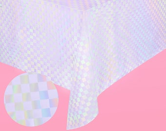 xo, Fetti Purple + Iridescent Checkered Washable Tablecloth - 9 ft. | Unicorn Birthday Party Decorations, Pastel Girl, Y2K Eras Decor