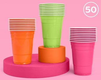 xo, Fetti Pink, Orange + Green Plastic Cups - 50 Disposable 16oz Cups | Final Fiesta Bachelorette Decor, Rave Bday Party, Cinco de Mayo Neon