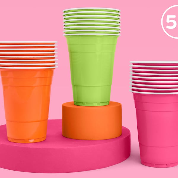 xo, Fetti Pink, Orange + Green Plastic Cups - 50 Disposable 16oz Cups | Final Fiesta Bachelorette Decor, Rave Bday Party, Cinco de Mayo Neon