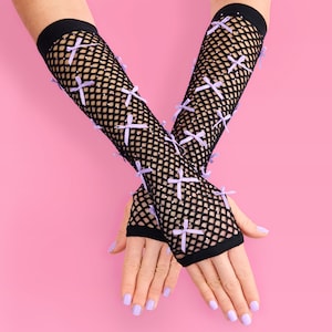 Xo, Fetti Black + Purple Rhinestone Fishnet Bow Gloves