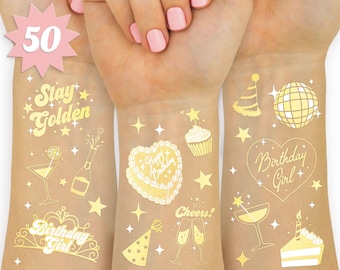 May include: Fifty gold temporary tattoos with a birthday theme. The tattoos feature a variety of designs, including a disco ball, a cupcake, a party hat, a champagne bottle, a martini glass, a cake, and the words "Stay Golden" and "Birthday Girl".
