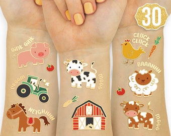 Farm Party Supplies Temporary Tattoos - 30 Glitter Styles | Barnyard Animals, Petting Zoo, Cow, Horse, Tractor Trailer, Sheep